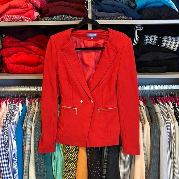 Vivienne Tam red zipper detail 1 button closure 2 pocket knit blazer size 4 - Picture 1 of 4